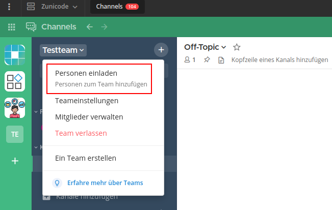 Screenshot vom Profilbild-Menü und „Teameinstellungen“ hervorgehoben.